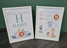 Load image into Gallery viewer, Safari Animal Print with Birth Details (Framed) - Personalised