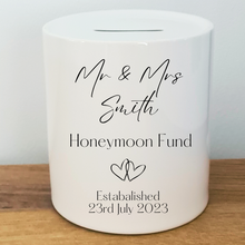 Load image into Gallery viewer, Simple Text Wedding / Honeymoon Fund Ceramic Money Bank- Personalised