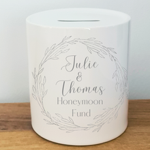 Load image into Gallery viewer, Outline Wreath Wedding / Honeymoon Fund Ceramic Money Bank- Personalised