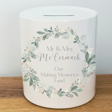 Load image into Gallery viewer, Leafy Wreath Wedding / Honeymoon Fund Ceramic Money Bank- Personalised