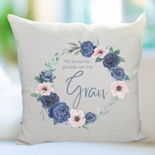 Load image into Gallery viewer, 'My favourite people call me' Blue Floral Wreath Cushion