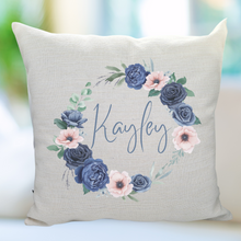 Load image into Gallery viewer, 'My favourite people call me' Blue Floral Wreath Cushion