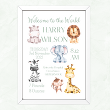 Load image into Gallery viewer, Safari Animal Print with Birth Details (Framed) - Personalised
