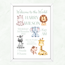 Load image into Gallery viewer, Safari Animal Print with Birth Details (Framed) - Personalised