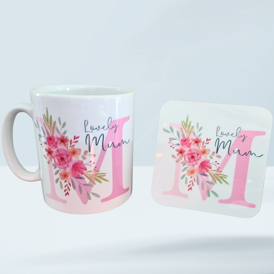 'Lovely' Floral Pink Initial Mug/ Coaster
