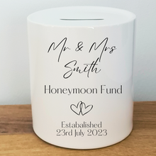 Load image into Gallery viewer, Simple Text Wedding / Honeymoon Fund Ceramic Money Bank- Personalised
