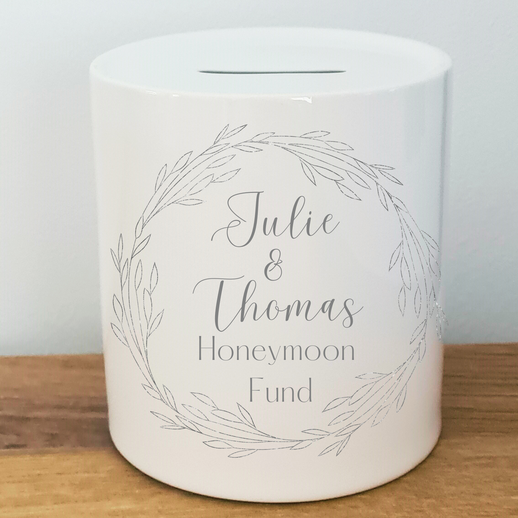 Outline Wreath Wedding / Honeymoon Fund Ceramic Money Bank- Personalised