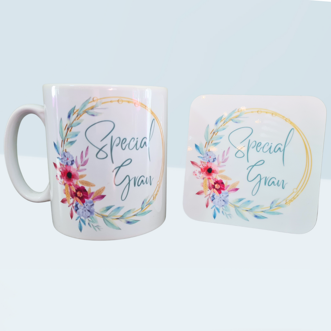 'Special' Bright Floral Ring Mug/ Coaster
