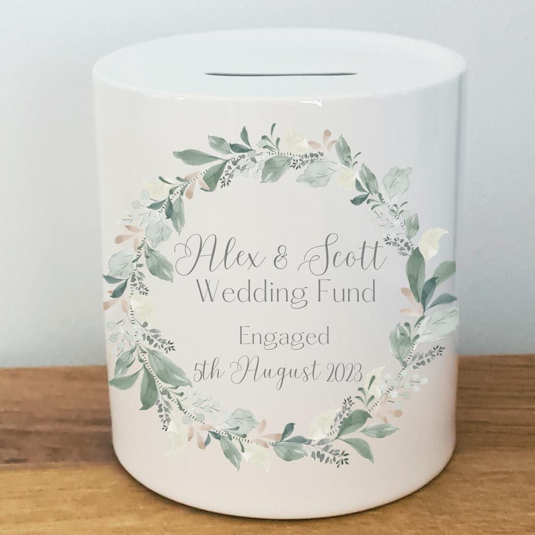 Leafy Wreath Wedding / Honeymoon Fund Ceramic Money Bank- Personalised