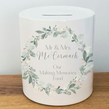 Load image into Gallery viewer, Leafy Wreath Wedding / Honeymoon Fund Ceramic Money Bank- Personalised
