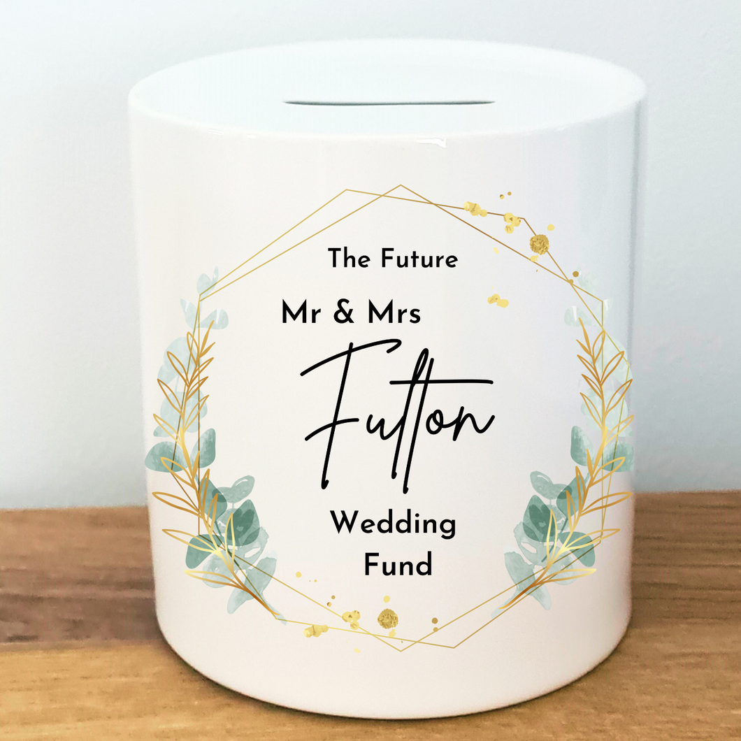 Gold Leafy Frame Wedding / Honeymoon Fund Ceramic Money Bank- Personalised